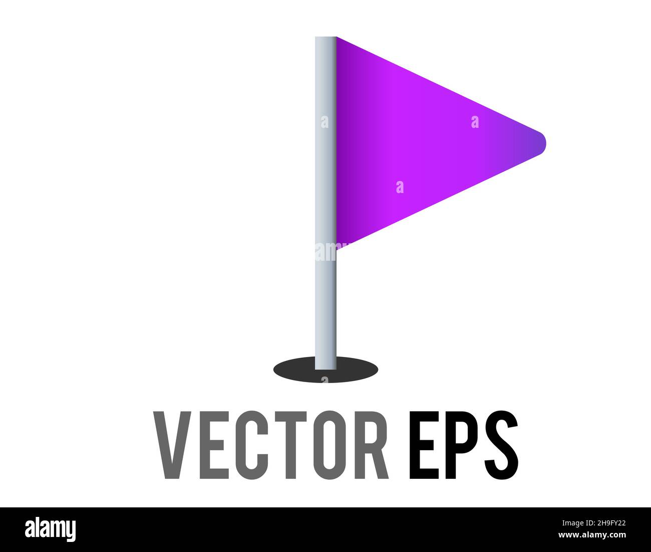 Icona a forma di bandiera viola a gradiente triangolare isolata con asta d'argento. Il più comunemente associato con il golf, come mostrato nella bandiera nel foro emoji. Illustrazione Vettoriale