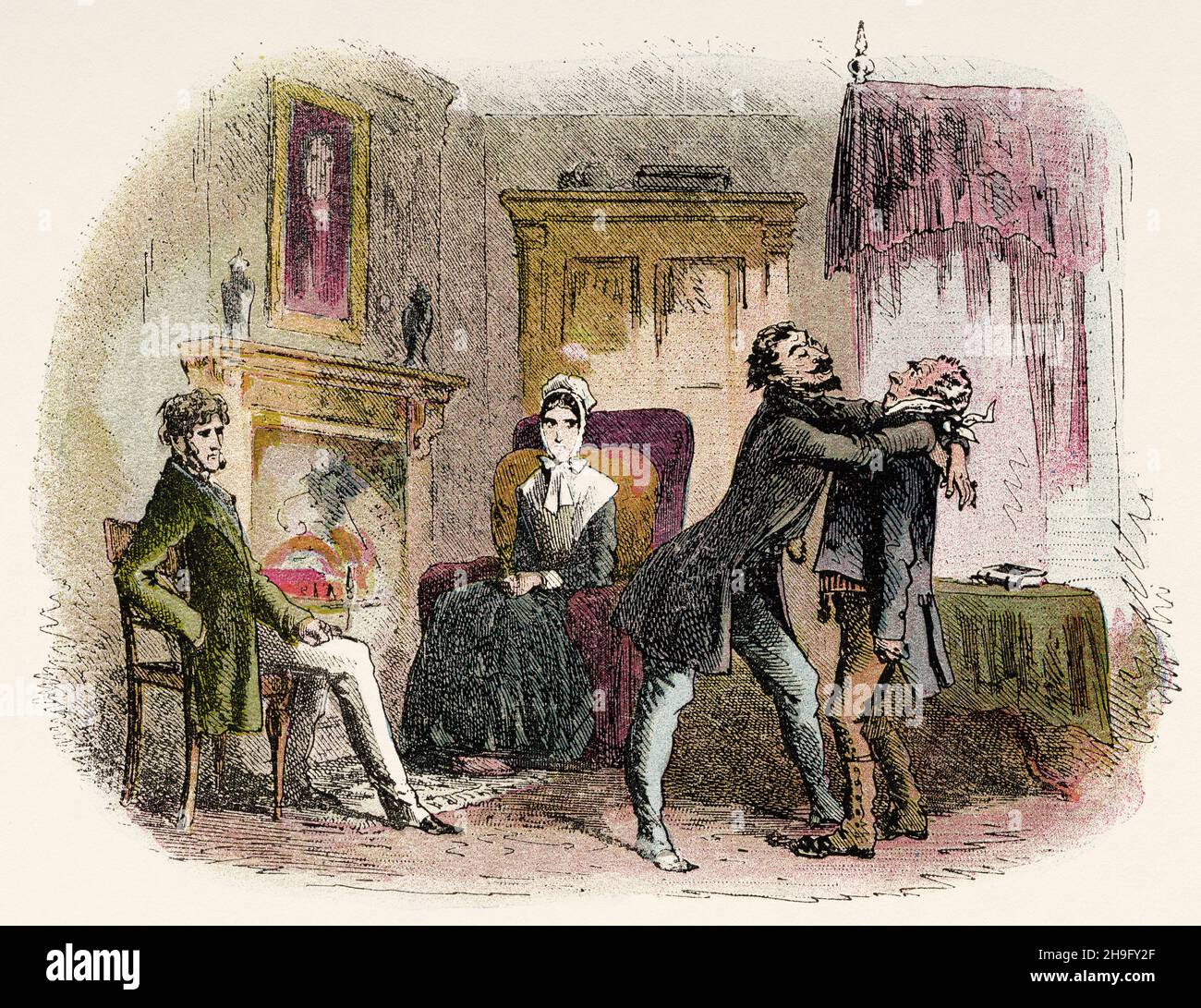 Il sig. Flintwinch riceve l'abbraccio dell'amicizia. Illustrazione a colori dal romanzo di Charles Dickens Little Dorrit di Hablot Knight Browne (1815-1882) artista inglese noto come Phiz Foto Stock