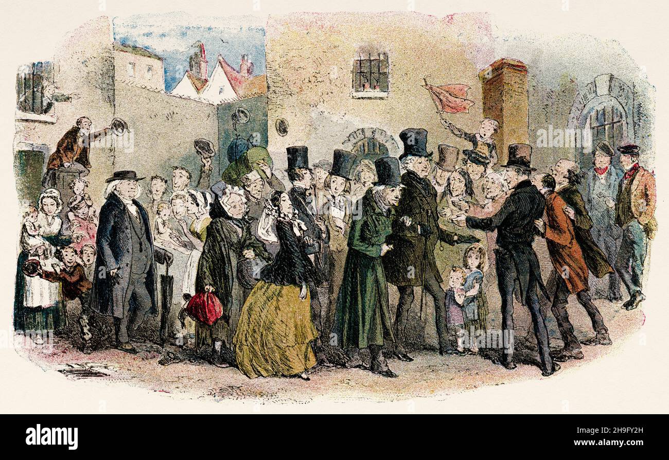 Il Marshalsea diventa un Orfano. Illustrazione a colori dal romanzo di Charles Dickens Little Dorrit di Hablot Knight Browne (1815-1882) artista inglese noto come Phiz Foto Stock