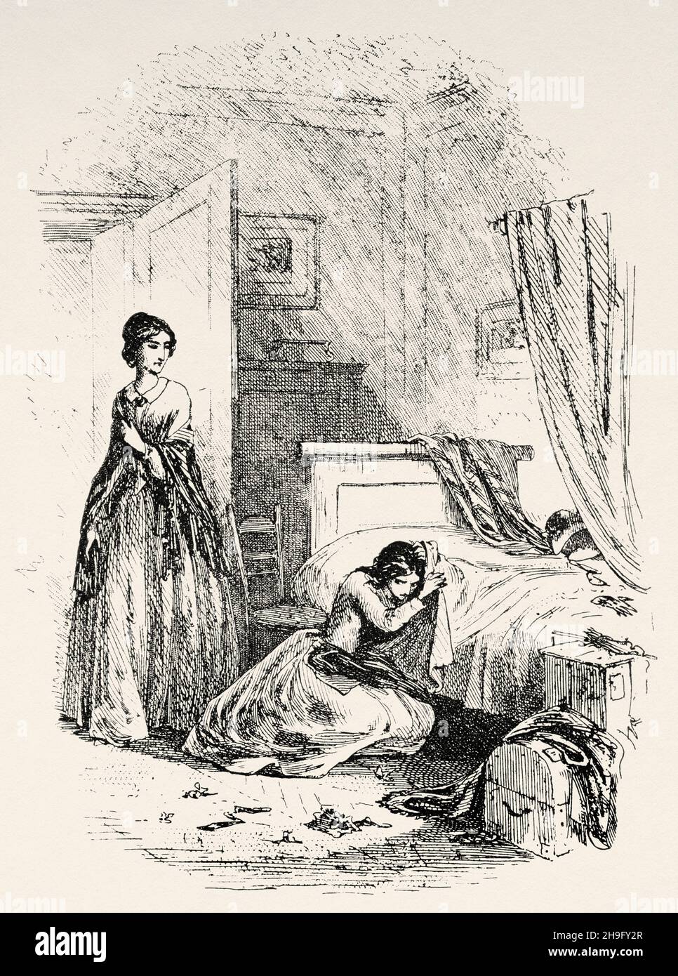 Sotto il microscopio. Illustrazione dal romanzo di Charles Dickens Little Dorrit di Hablot Knight Browne (1815-1882) artista inglese conosciuto come Phiz Foto Stock