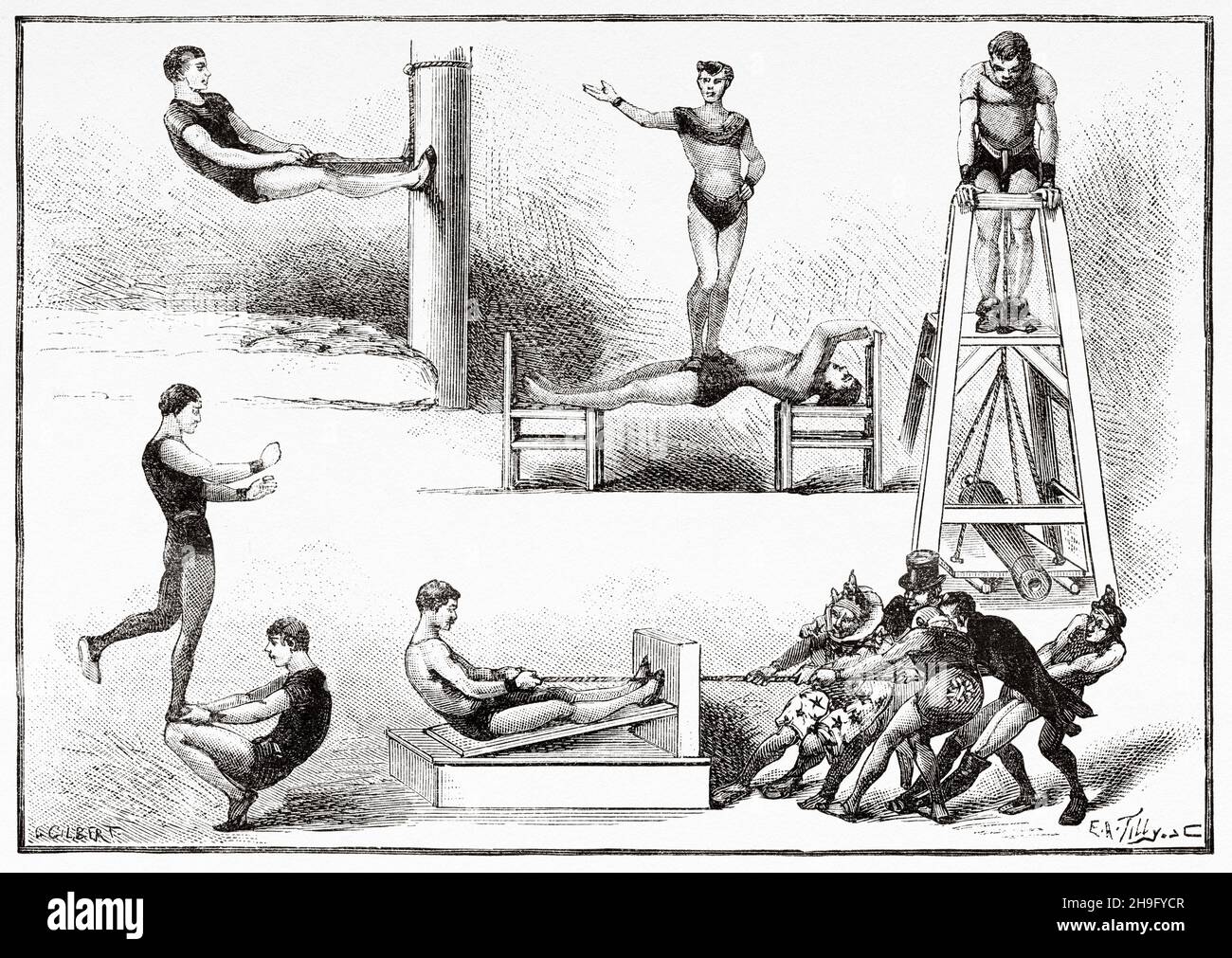 Esperienze di forza e abilità studiate dal Dr. Desaguliers. Antica illustrazione del 19 ° secolo inciso da la Nature 1885 Foto Stock