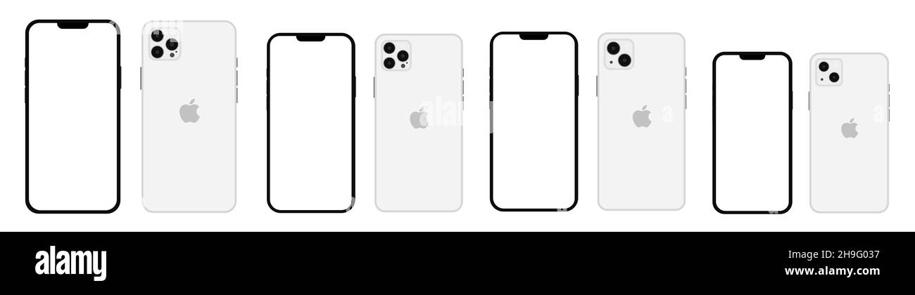 Realistico bianco mockup iphone 13 impostare tutti i colori e modelli, smartphone mockup con schermo bianco Foto Stock