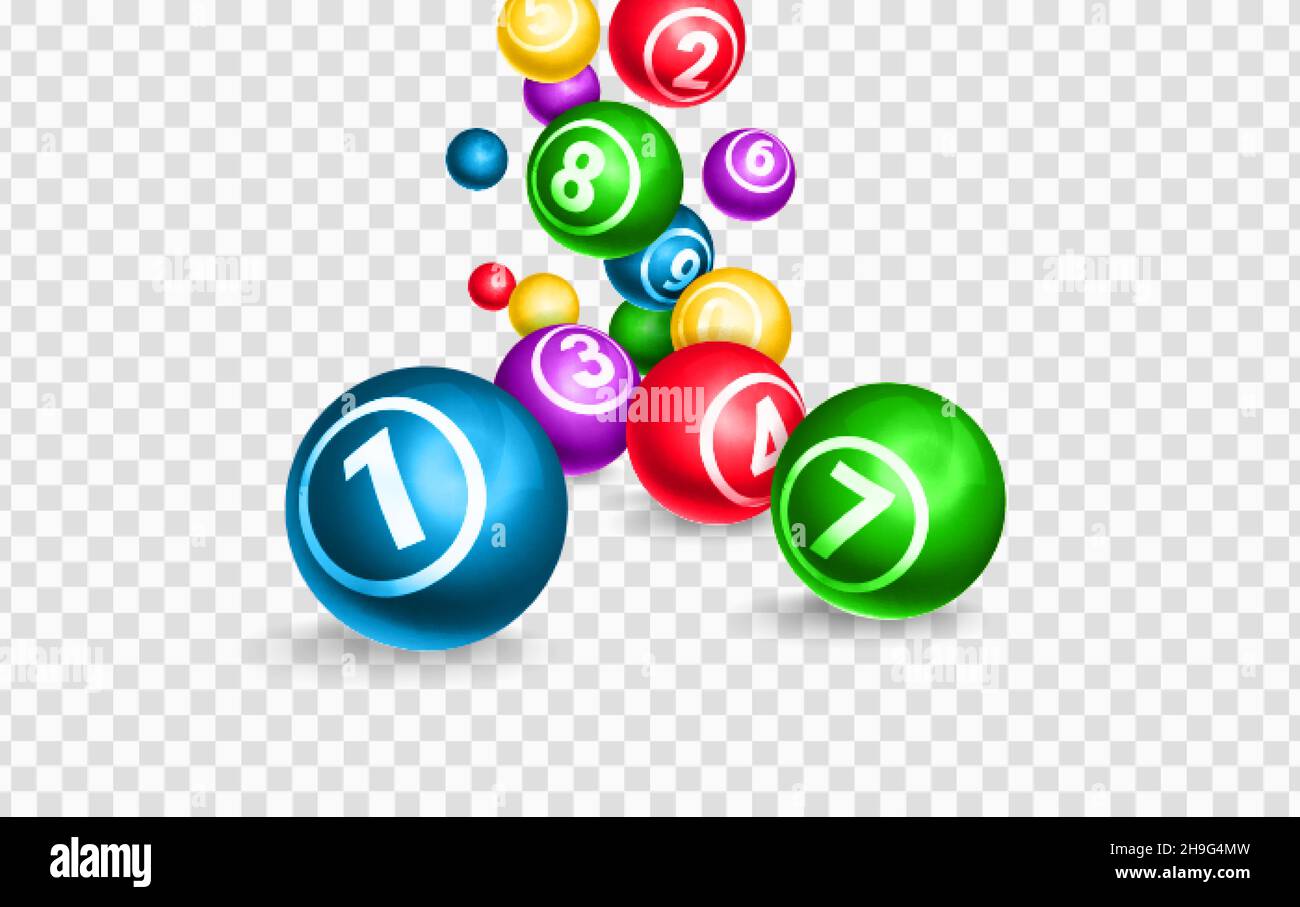 Lotto palle illustrazione vettoriale realistica 3d. Sfere colorate cadenti con fortunati numeri di combinazione vincente. Keno, bingo, giochi d'azzardo lotteria. Attività di gioco per il tempo libero, concetto di raffle o jackpot. Illustrazione Vettoriale