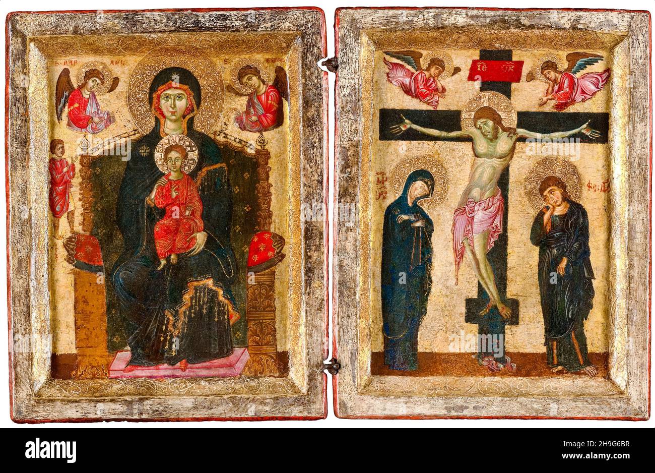 XIII secolo Diptico, con la, Vergine e Bambino Entrono, e la, Crocifissione, dipinto da Regno Latino, 1275-1280 Foto Stock