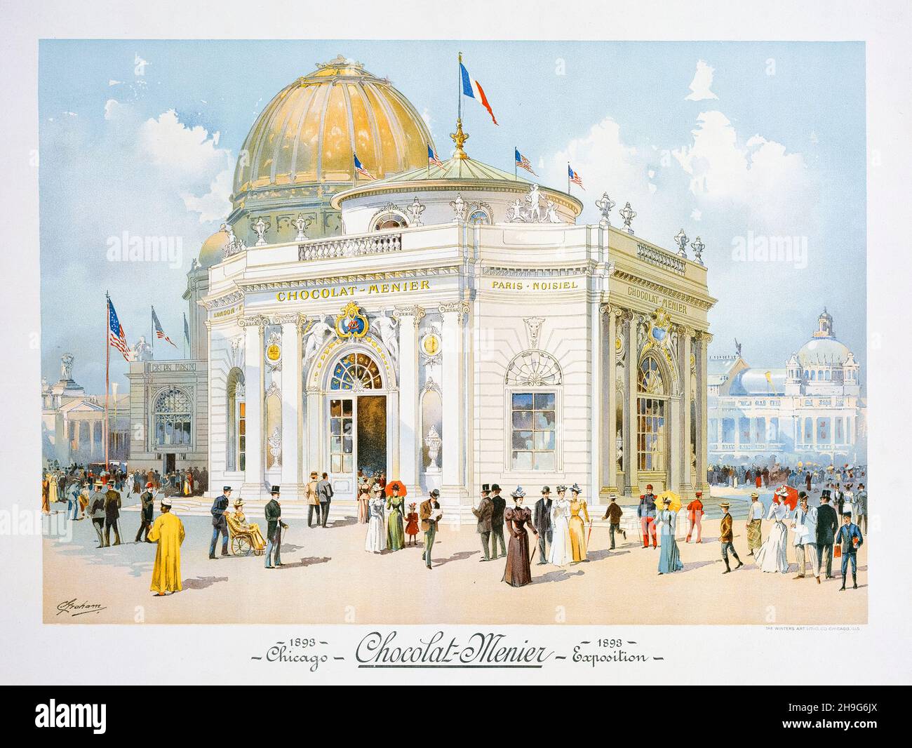 Chocolate-Menier Pavilion, World's Columbian Exposition, Chicago, Illinois, stampa litografica di Peter Joseph Weber (architetto), 1893 Foto Stock
