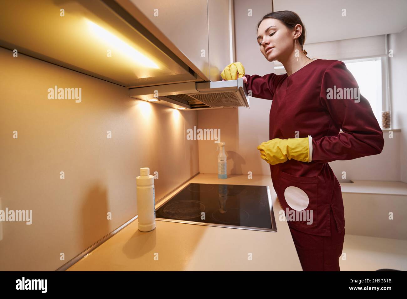 Dispositivo per la pulizia della cucina con panno in microfibra Foto Stock