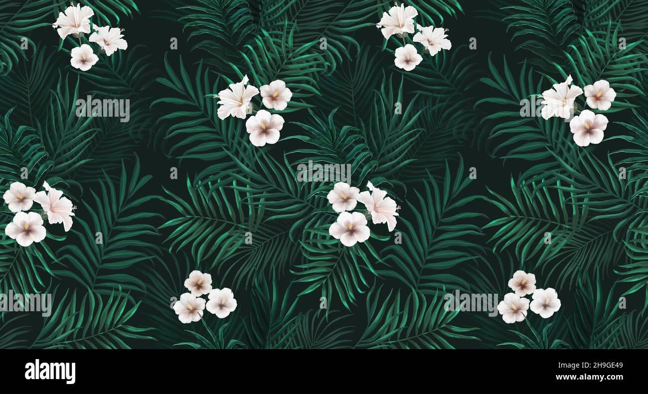 Tropicale esotico disegno senza giunture con fiori bianchi in foglie tropicali. Illustrazione 3D disegnata a mano. Ideale per sfondi di design, stampa di tessuti, wrapp Foto Stock