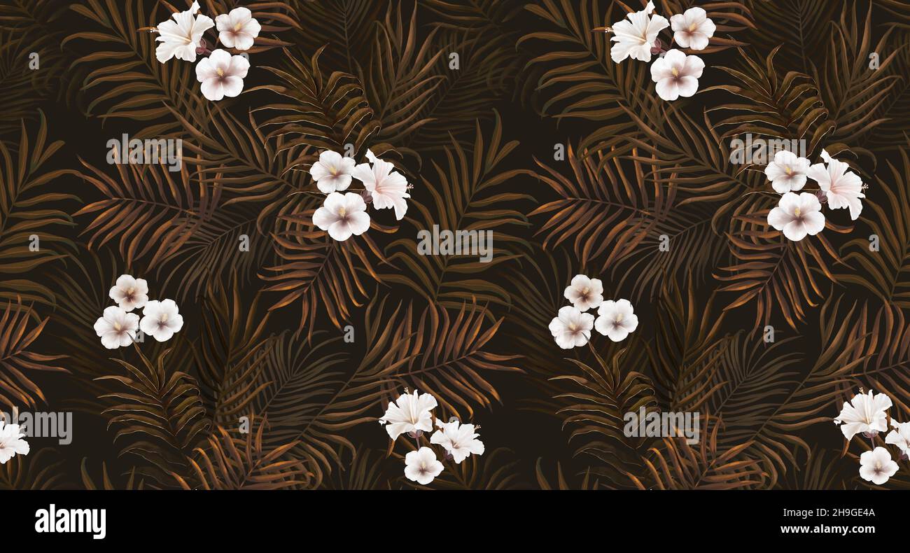 Tropicale esotico disegno senza giunture con fiori bianchi in foglie tropicali. Illustrazione 3D disegnata a mano. Ideale per sfondi di design, stampa di tessuti, wrapp Foto Stock