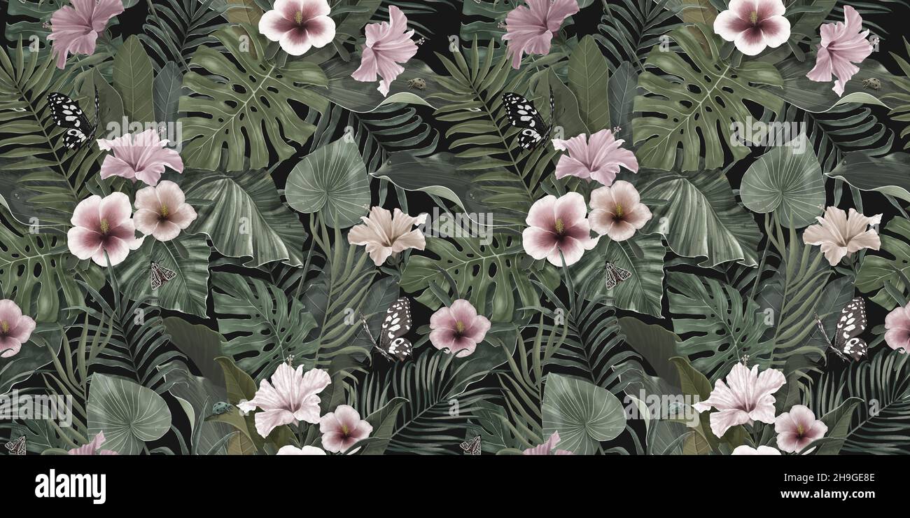 Esotica struttura tropicale con fiori di ibisco, farfalle, foglie tropicali. Sfondo floreale. Illustrazione del disegno a mano 3D. Foto Stock
