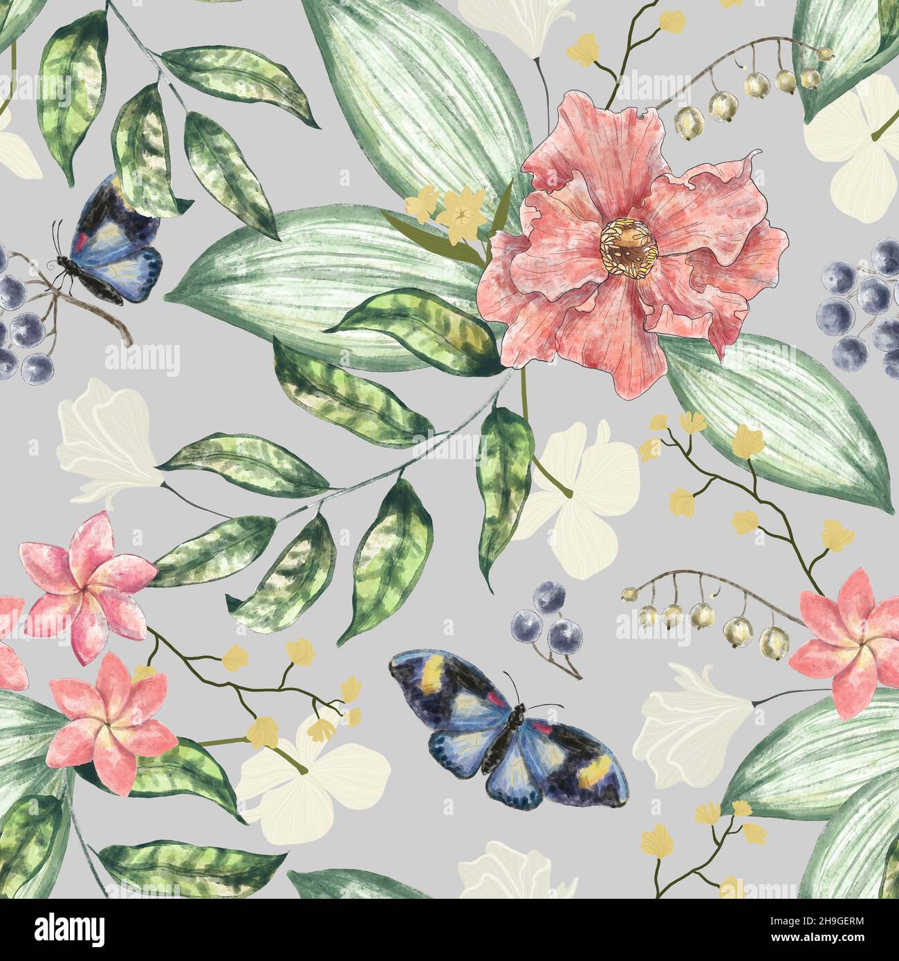Motivo floreale senza cuciture. Fondo botanico chiaro con fiori delicati, bacche, farfalle e foglie. Illustrazione dell'acquerello del disegno a mano. Foto Stock