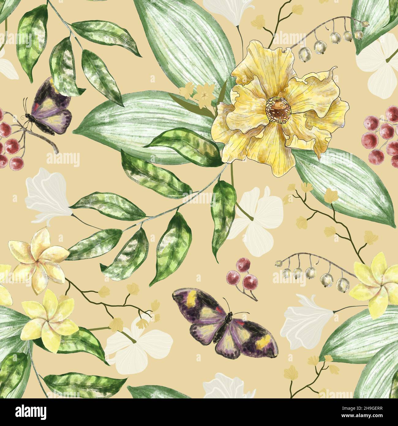 Motivo floreale senza cuciture. Fondo botanico chiaro con fiori delicati, bacche, farfalle e foglie. Illustrazione dell'acquerello del disegno a mano. Foto Stock