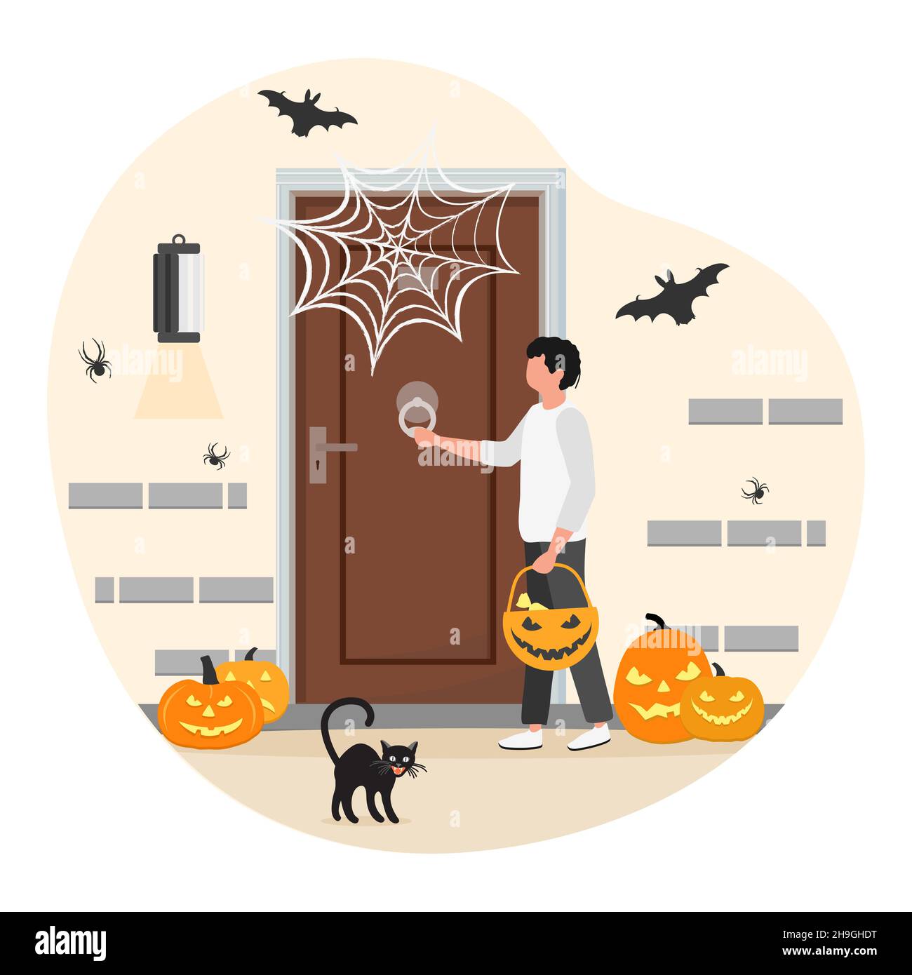 Illustrazione vettoriale Happy Halloween. Ragazzo che indossa abiti festosi per festeggiare Halloween. Maschio bambino in piedi nel cortile di fronte alla porta casa decorat Illustrazione Vettoriale