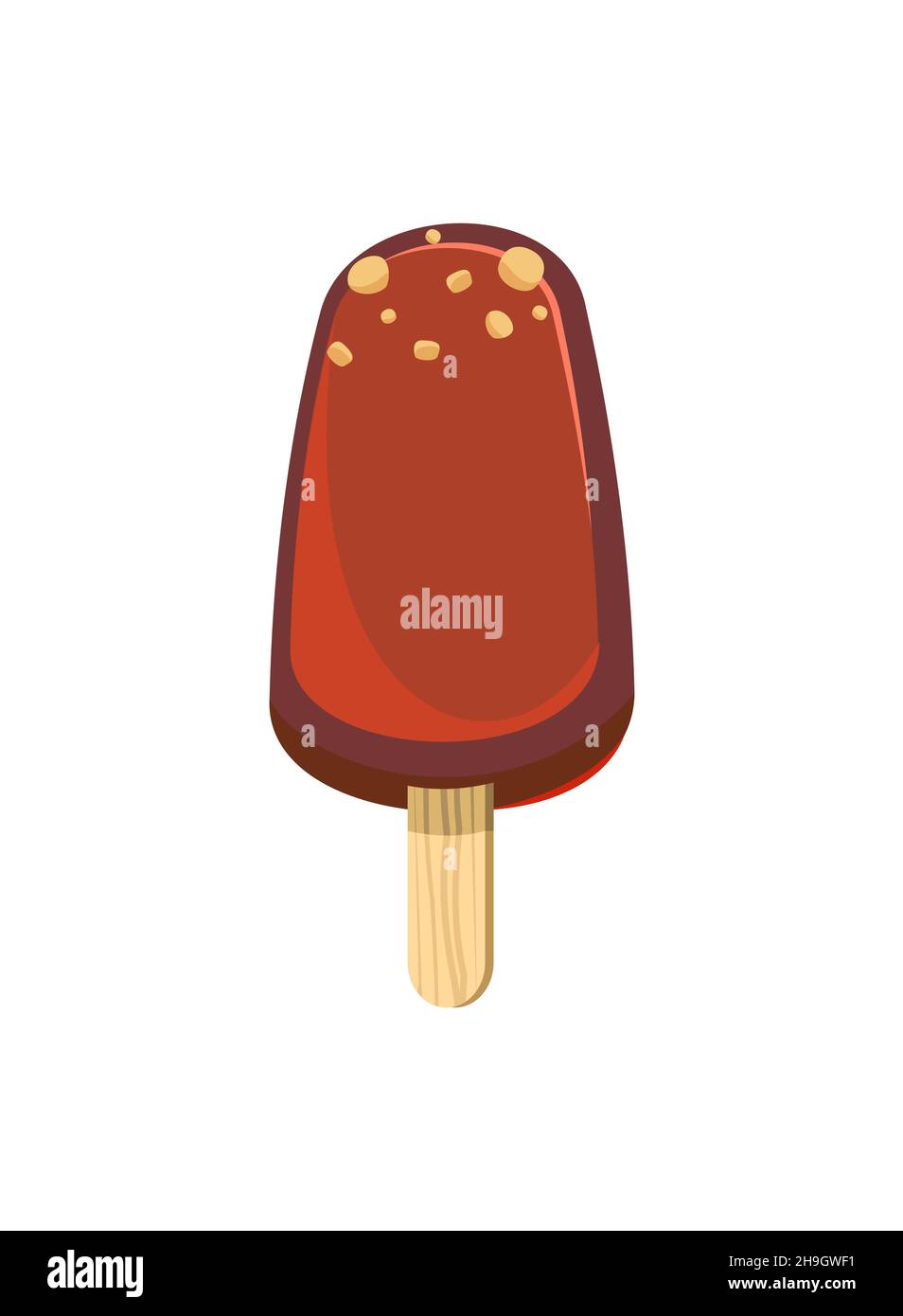 Gelato al cioccolato. Dessert estivo. Design piatto. Dadi. Popsicle su un bastone. L'oggetto è isolato su sfondo bianco. Illustrazione Illustrazione Vettoriale
