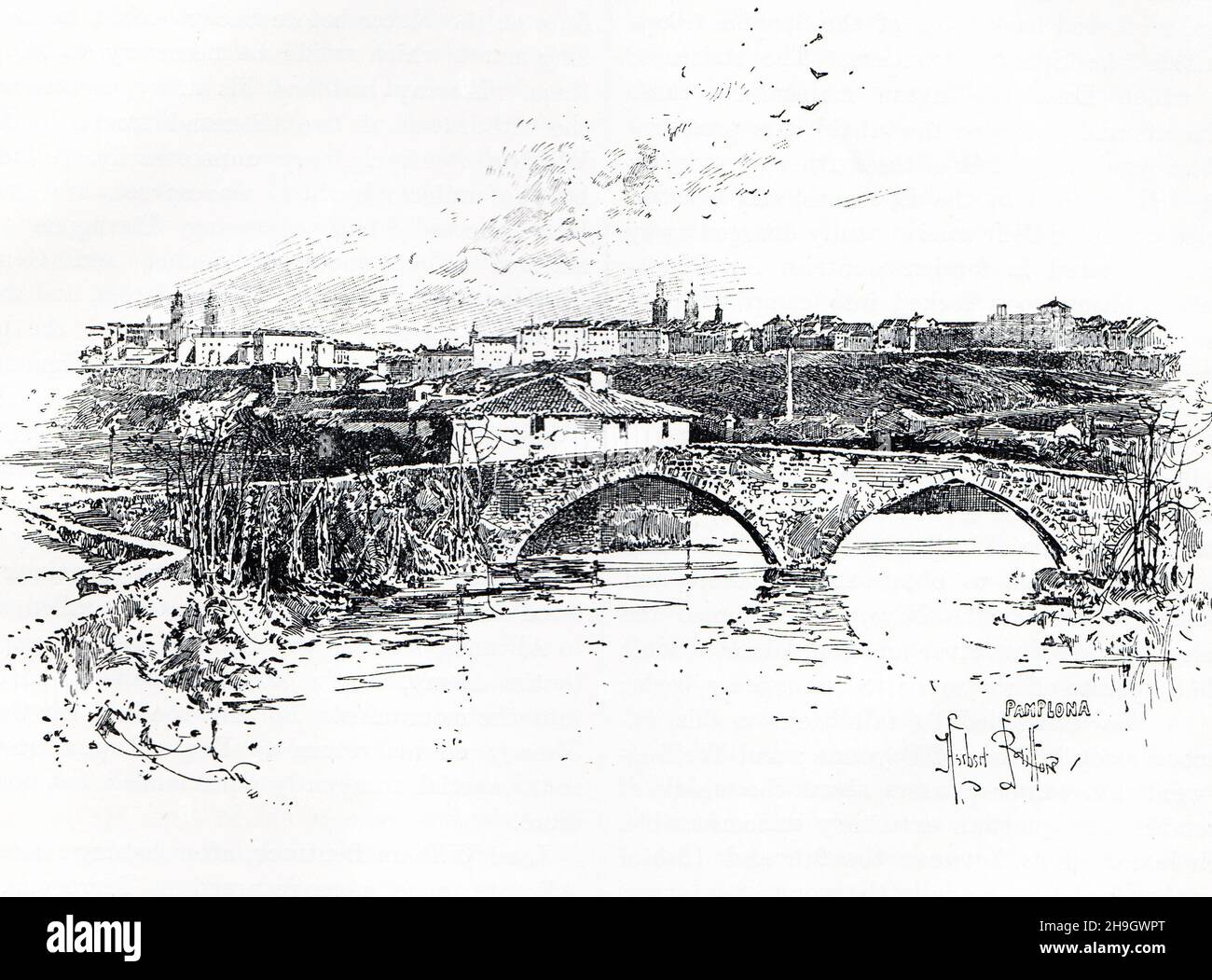 Pamplona, o Pampeluna, al tempo delle guerre peninsulari; illustrazione nera e bianca Foto Stock