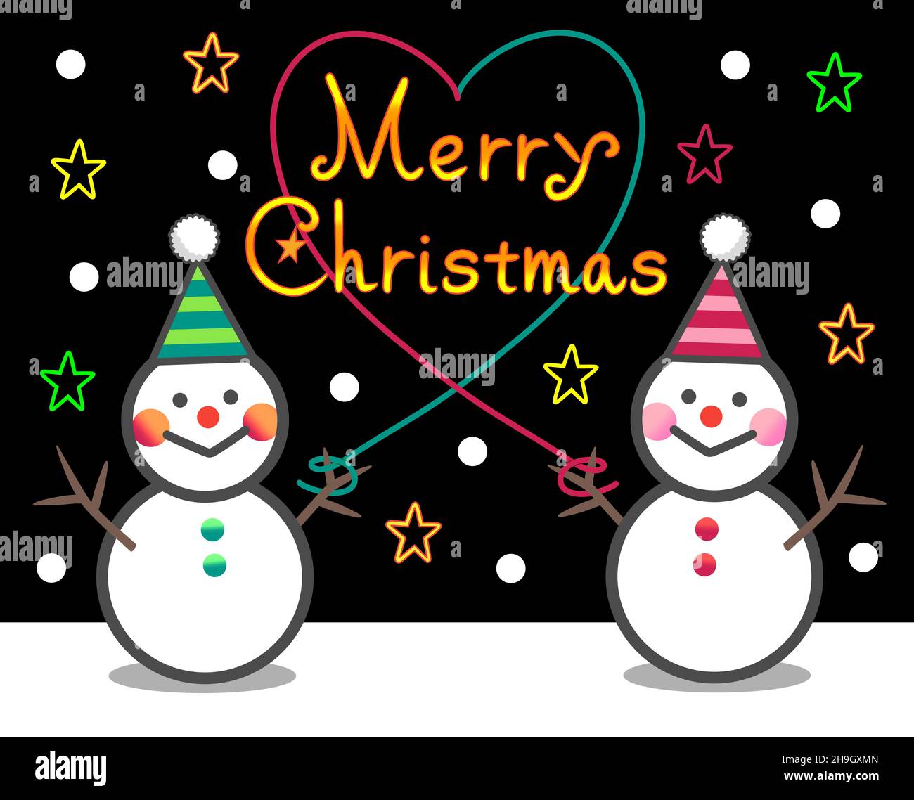 Due pupazzi di neve e lettere di Buon Natale. Due simpatici pupazzi di neve collegati con una corda a forma di cuore su uno sfondo nero. Foto Stock