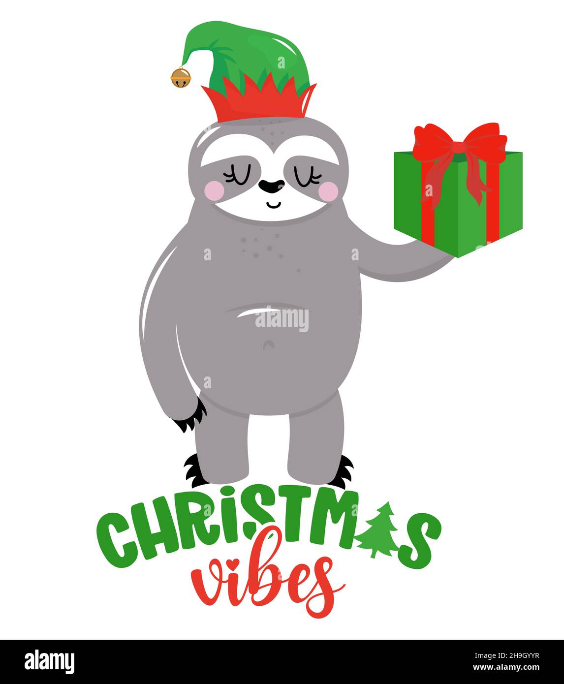 Vibes di Natale - sloth divertente aggrovigliato nelle luci di Natale. Tiri di scarabocchio. Adorabile poster per feste natalizie, buono per t-shirt, regali, tazze o altro Illustrazione Vettoriale