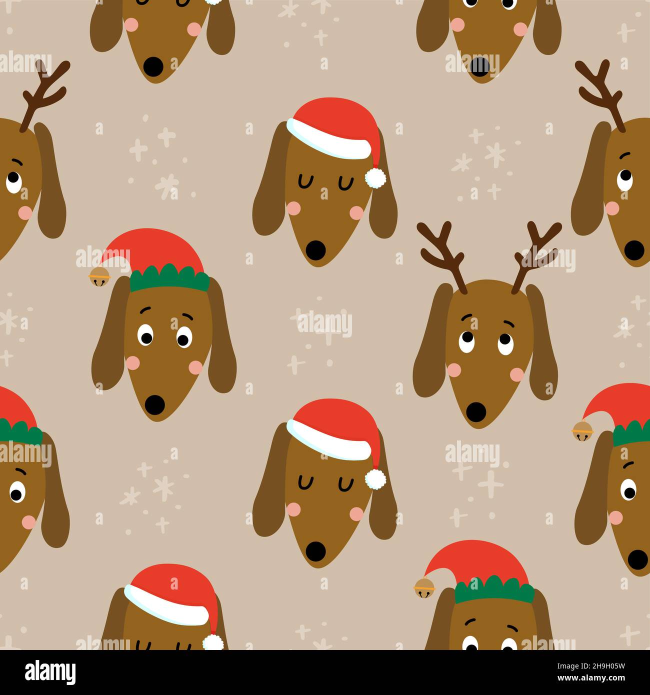 Cute christmas dachshund pattern - adorabili personaggi cane salsiccia. Set di noodle disegnate a mano per bambini. Adatto per tessuti, vivai, carta da parati, vestiti. WO Illustrazione Vettoriale