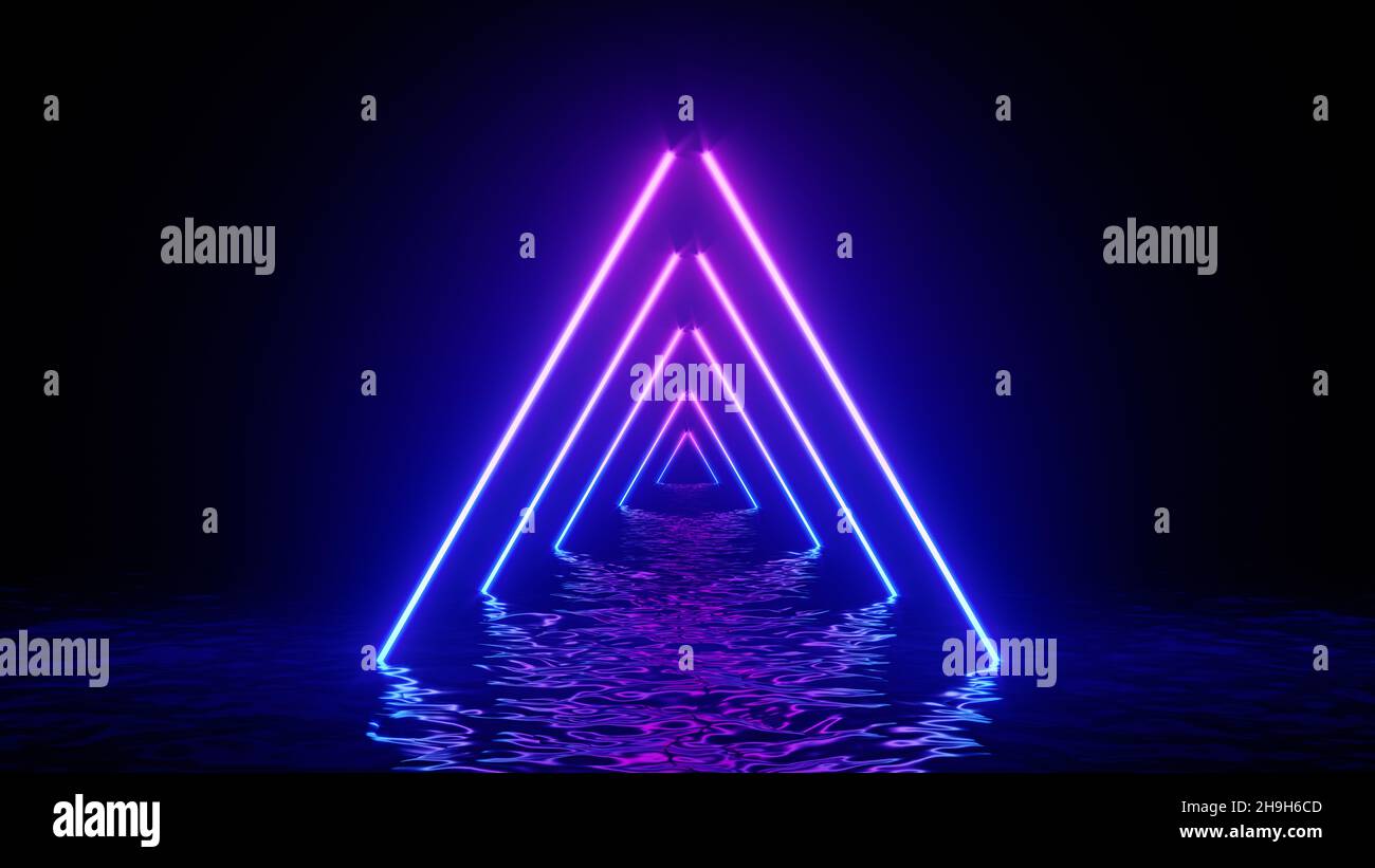 Triangolo al neon incandescente con riflessi sulla superficie dell'acqua. Sfondo astratto, onde, ultravioletti, colori vibranti spettro, spettacolo laser. rendering 3d illus Foto Stock