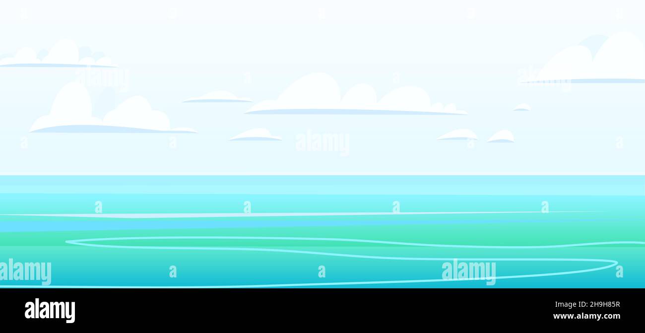 Azure Seascape. Skyline del mare blu. Tempo calmo. Illustrazione in stile cartone animato. Vettore. Illustrazione Vettoriale