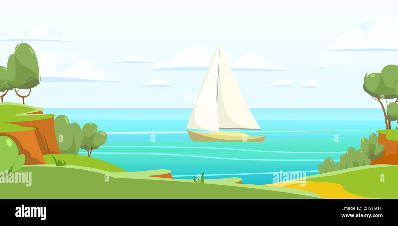 Barca a vela. Monoscafo bianco con linee di scafo classiche. Vista da lontano. Stile piatto. Collina costiera con prato e strada. Mare blu calmo Illustrazione Vettoriale