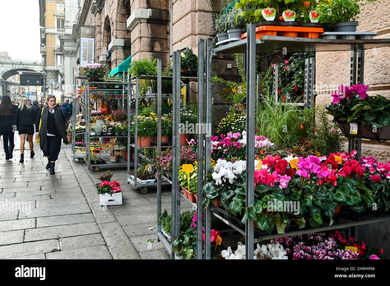 L'esterno del mercato Orientale in Via XX Settembre una delle vie principali di Genova, con le piante di un negozio di fiori esposti sul marciapiede, Italia Foto Stock