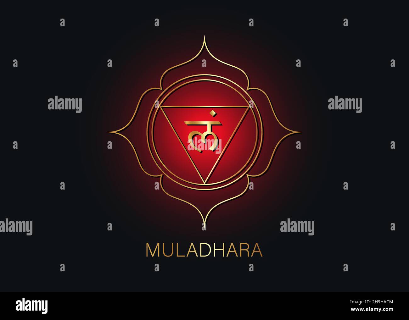 Modello del logo di muladhara chakra. Primo simbolo chakra radice. Meditazione del segno sacrale rosso e oro, vettore icona yoga mandala isolato su sfondo nero Illustrazione Vettoriale