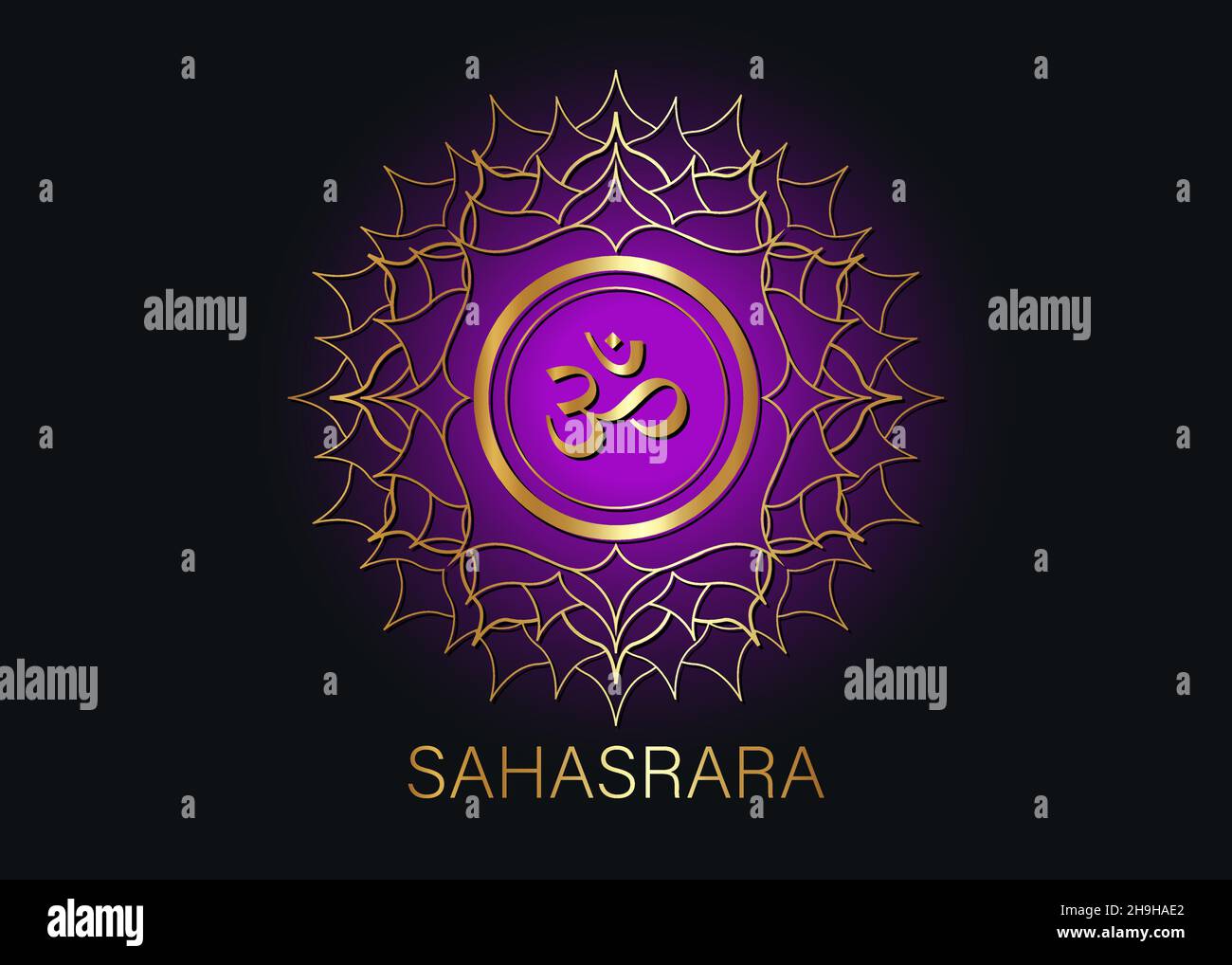 Settimo modello di logo chakra Sahasrara. Simbolo del chakra della corona, meditazione del segno sacrale dorato viola, icona del mandala rotondo dello yoga. Simbolo d'oro simbolo Om segno Illustrazione Vettoriale
