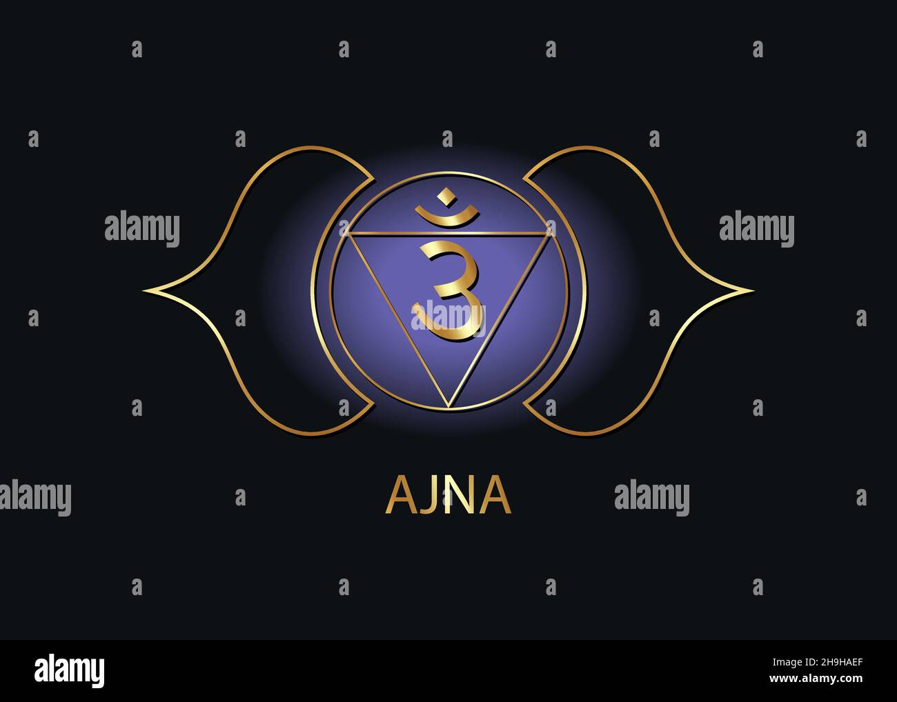 Modello logo Chakra Ajna terzo occhio. Il sesto chakra frontale, meditazione sacrale segno d'oro, yoga blu e viola rotondo mandala icona vettore isolato Illustrazione Vettoriale