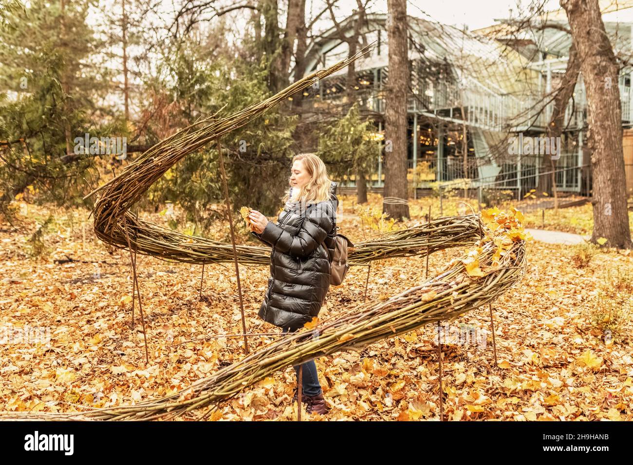 Ritratto di una giovane donna vicino ad un impianto stagionale all'aperto in un parco autunnale. Caduto foglie gialle nelle mani , volando. Foto Stock