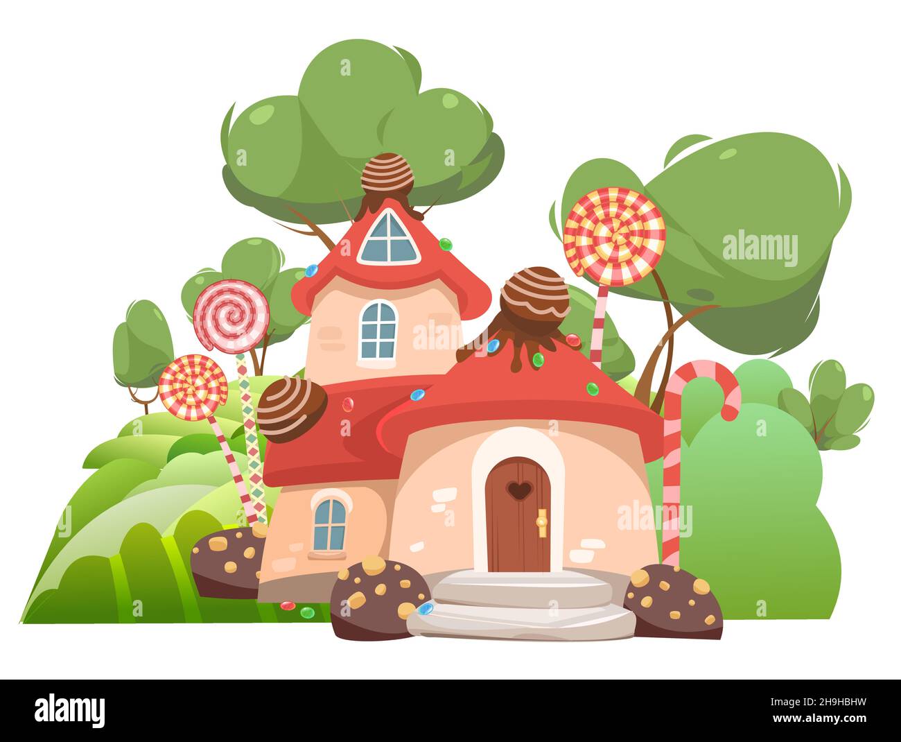 Giardino delle fate. Dolce casa caramel fata. Illustrazione in stile cartoon design piatto. Paesaggio estivo carino. Foto per bambini isolati su bianco Illustrazione Vettoriale