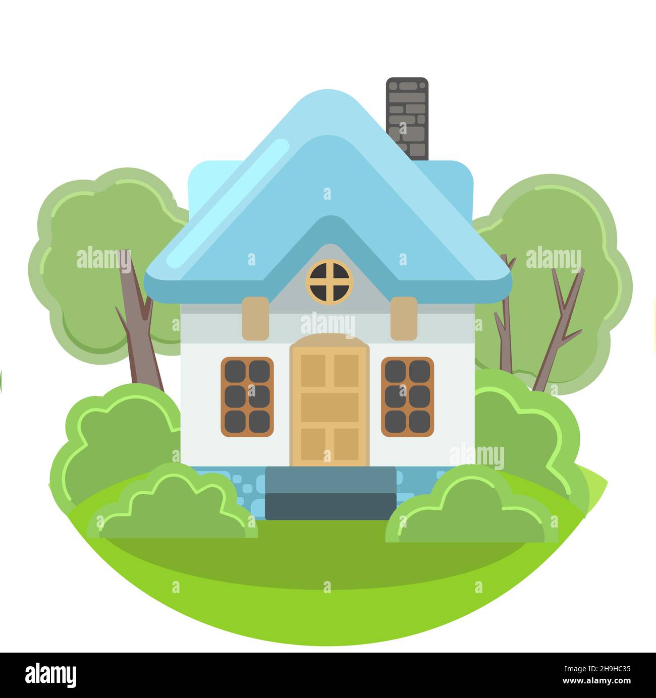Piccola casa di campagna con pareti di pietra chiara e tetti blu. Divertente stile cartoon. Paese suburbano villaggio. Architettura tradizionale semplice Illustrazione Vettoriale