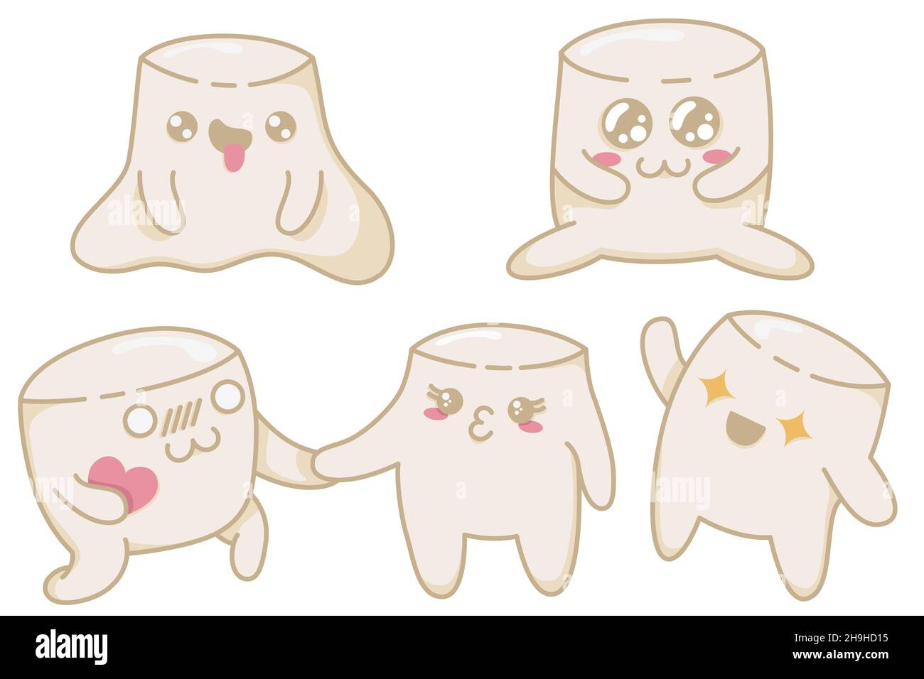 Un set di simpatici marshmallows kawaii con diverse emozioni in stile anime. Kawaii Marshmallow caratteri in uno stile piatto, a mano-disegnato cartoline a. Illustrazione Vettoriale