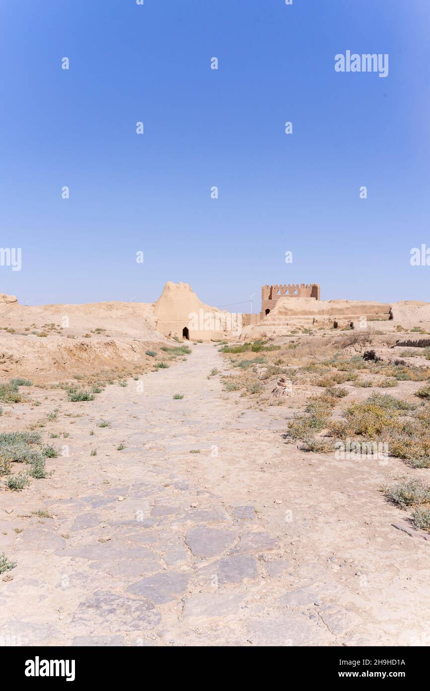 Vista sul cancello dall'antica città di Sawran o Sauran, Via della Seta, fondata 6th cc, rovine del 12-16th secolo, Kazakhstan, Asia Centrale Foto Stock