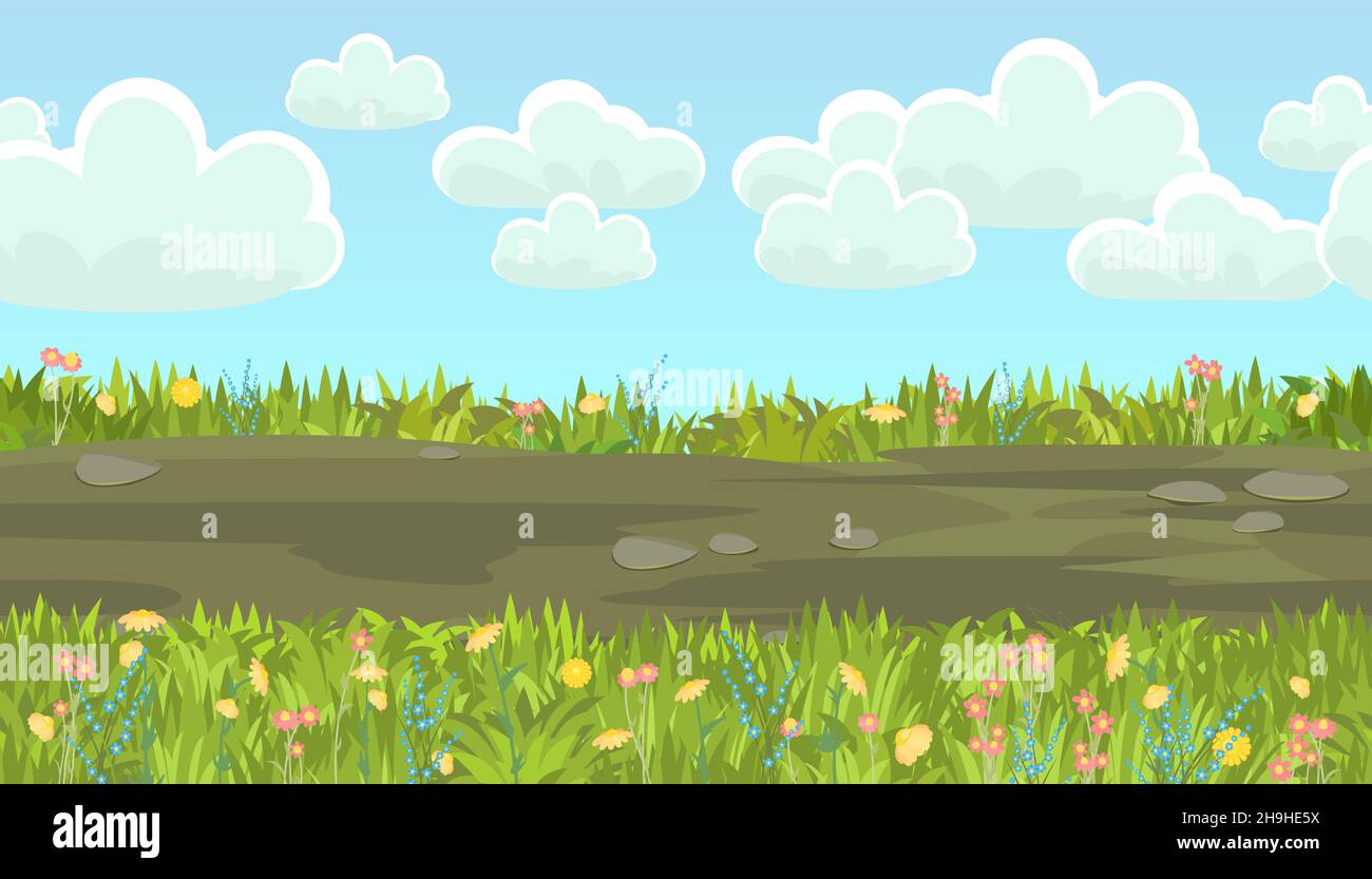 Strada senza interruzioni. Composizione del bordo orizzontale. Paesaggio prato estivo. Erba succosa. Paesaggio rurale rustico. Disegno di cartone animato. Illustrazione grafica piatta Illustrazione Vettoriale