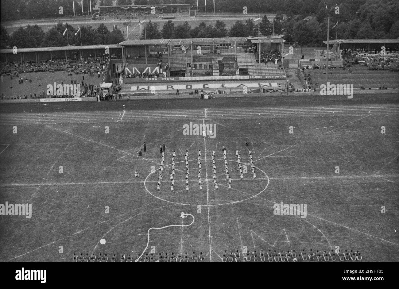 Wroc³aw, 1948-07-22. Stadion Olimpijski. Pokazy gimnastyczne z okazji i Zlotu Zwi¹zku M³odzie¿y Polskiej w dniu Narodowego Œwiêta Odrodzenia Polski. bk PAP Wroclaw, 22 luglio 1948. Lo Stadio Olimpico. Uno spettacolo di ginnastica in occasione del 1° Rally dell'Unione Giovanile Polacca in occasione della Giornata Nazionale della rinascita Polacca. bk PAP Foto Stock