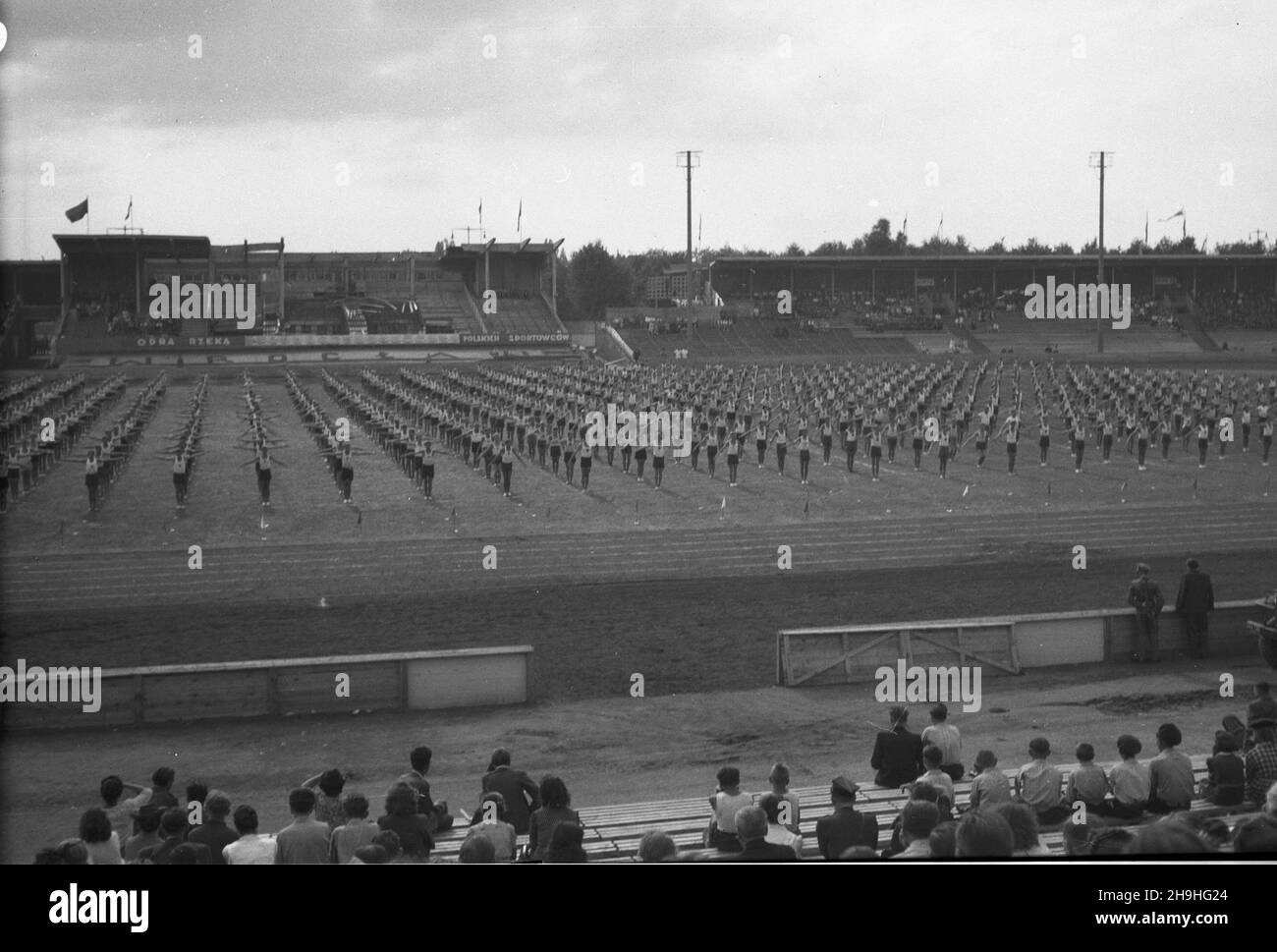 Wroc³aw, 1948-07-22. Stadion Olimpijski. Z okazji Kongruru Zjednoczenia M³odzie¿y Polskiej i powstania Zwi¹zku M³odzie¿y polskiej (ZMP) odby³a siê impreza sportowa. NZ. Pokaz gimnastyczny w wykonaniu zespo³u z Akademii Wychowania Fizycznego (AWF). msa PAP Wroclaw, 22 luglio 1948. Lo Stadio Olimpico. Si è tenuto un evento sportivo in occasione del Congresso di unificazione della Gioventù Polacca e della formazione dell'Unione Giovanile Polacca (ZMP). Nella foto: Uno spettacolo di ginnastica di un gruppo della Physical Education Academy. msa PAP Foto Stock