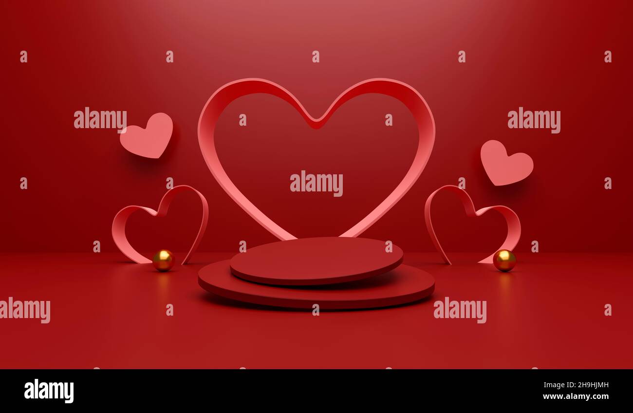buon concetto di giorno di san valentino. scena minimale con forme geometriche. espositore da podio a cilindro o mockup vetrina per prodotto su sfondo rosso. 3D illust Foto Stock
