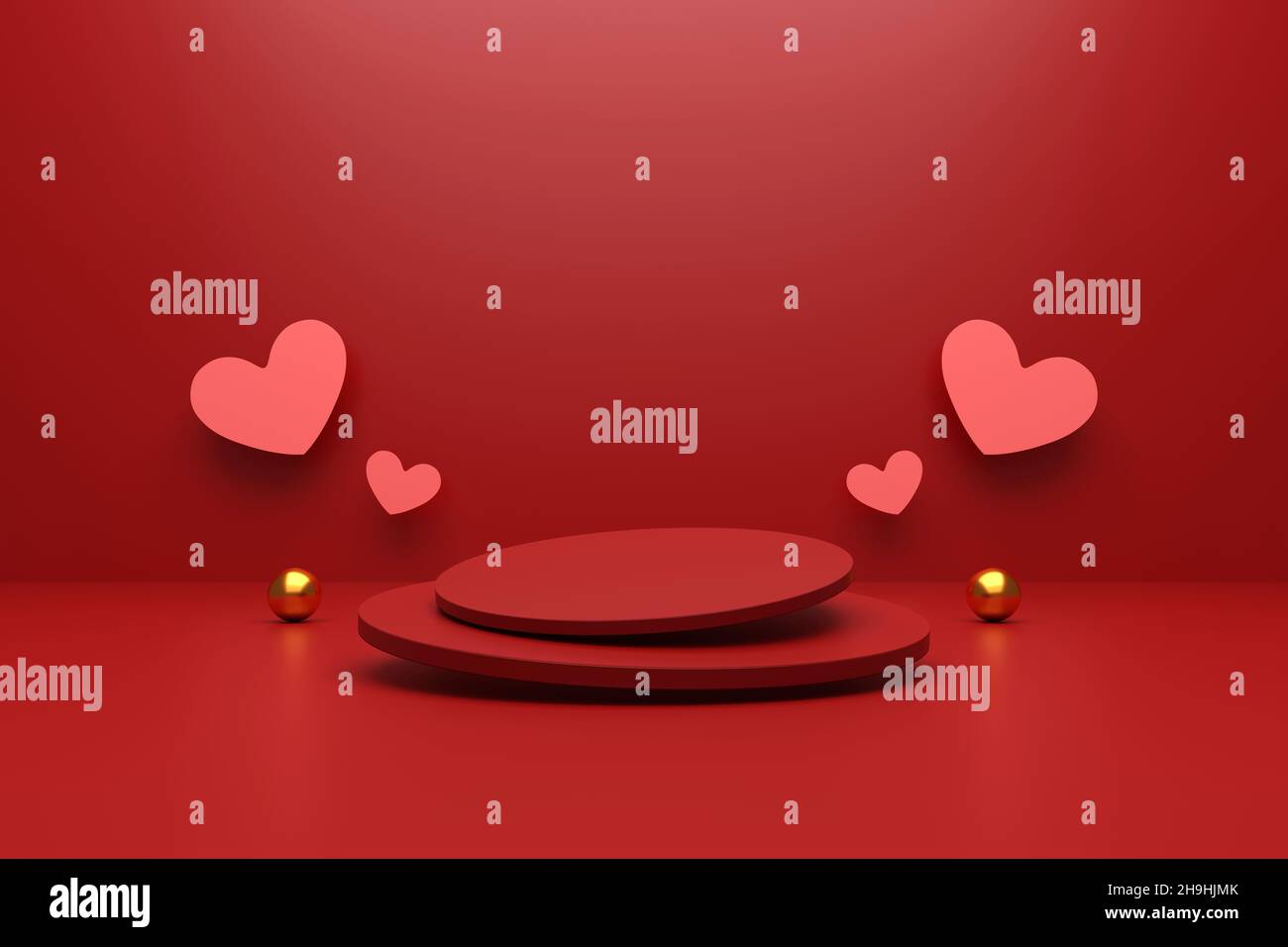 buon concetto di giorno di san valentino. scena minimale con forme geometriche. espositore da podio a cilindro o mockup vetrina per prodotto su sfondo rosso. 3D illust Foto Stock