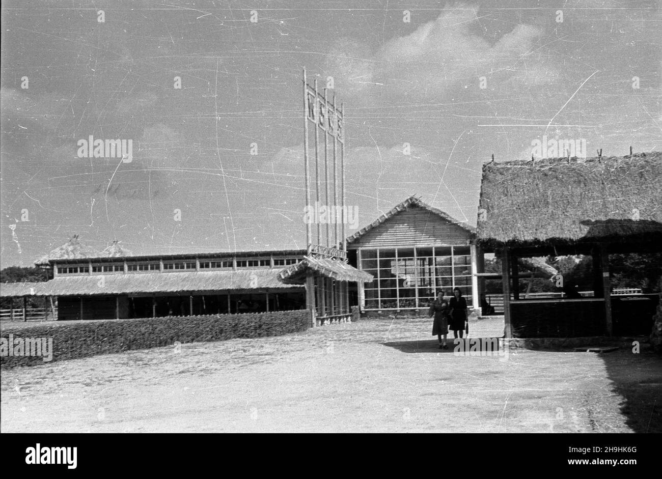 Wroc³aw, 1948-08. Wystawa Ziem Odzyskanych trwa³a od 21 lipca do 31 paŸdziernika 1948 roku i by³a cyklem propagandowych wystaw i imprez prezentuj¹cych osi¹gniêcia polski w odbudovie ziem uzyskanych przez RP po II wojnie œwiatowej. Rennictwu poœwiêcono kilka pawilonów i ekspozycji plenerowych. wejœcie g³ówne, stajnie i bungalow wystawienniczy Pawilonu Hodowlanego (sektor B wystawy). mta PAP Dok³adny dzieñ wydarzenia nieustalony. Wroclaw, 1948 agosto. La Mostra dei territori riconquistati (dal 21 luglio al 31 ottobre) è stata una serie di mostre e manifestazioni di propaganda organizzate per demonare Foto Stock