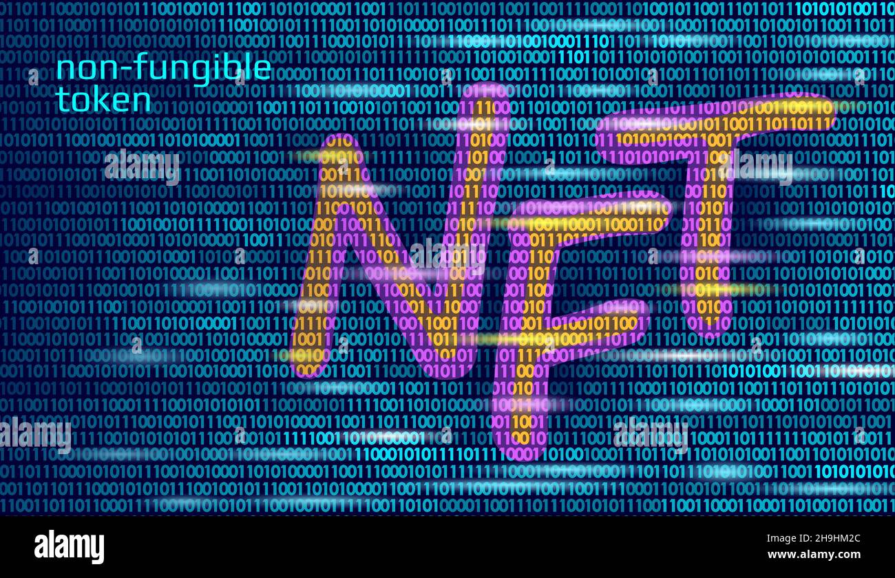 NFT 3D non Fungibile criptovaluta unica. Blockchain art criptato codice di sicurezza.dati memorizzati foto digitale oggetto certificato proprietà.tecnologia Illustrazione Vettoriale