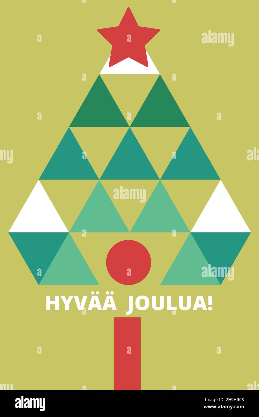 Allegro illustrazione artistica di Natale con albero e saluti finlandesi: Hyvää Joulua. Foto Stock