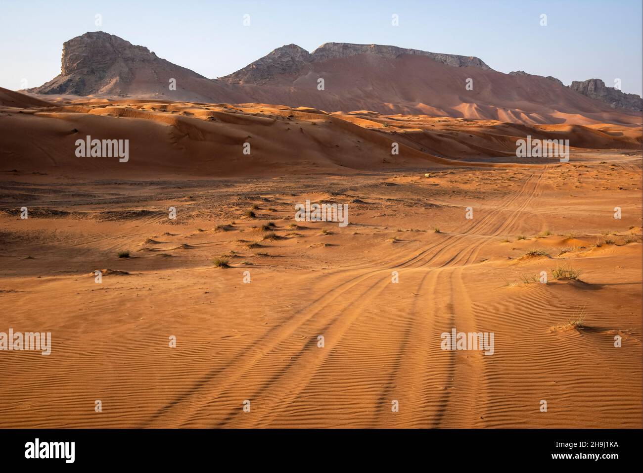 Dune di sabbia a Mleiha e vista verso Fossil Rock, Sharjah, Emirati Arabi Uniti Foto Stock