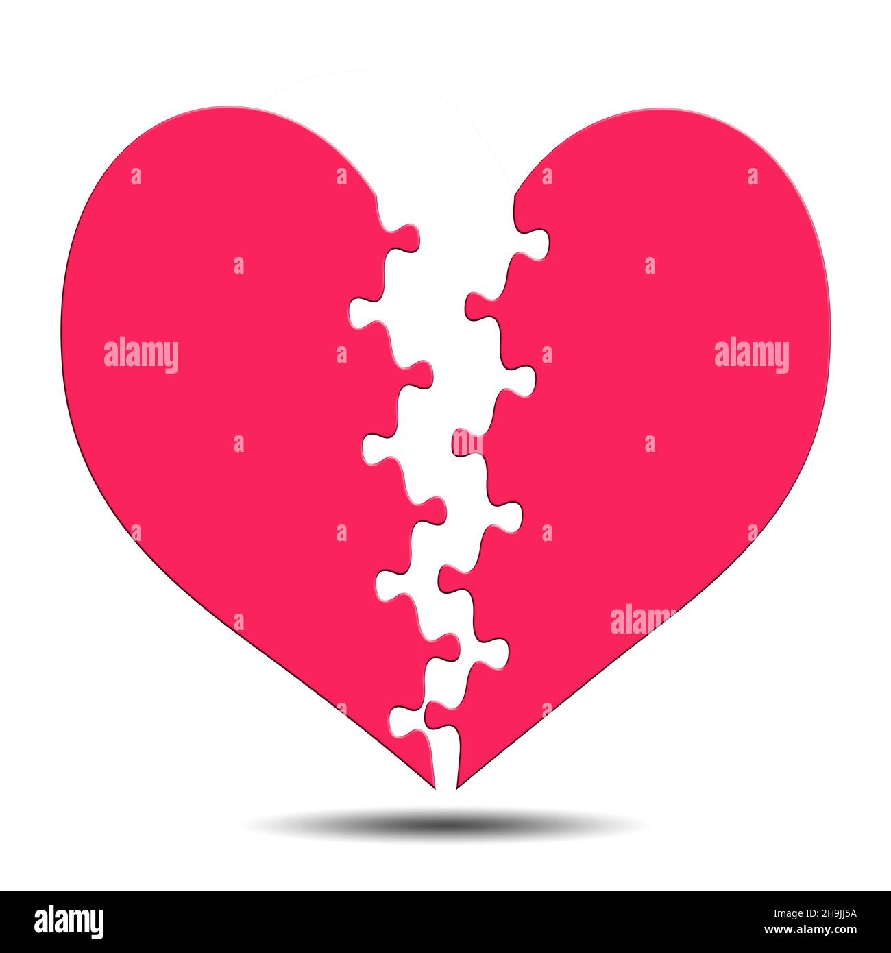 Due pezzi di cuore a forma di puzzle su sfondo bianco, illustrazione Foto Stock