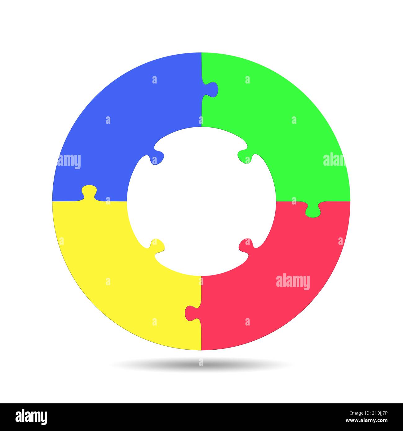 Puzzle rotondo fatto di quattro parti colorate, illustrazione Foto Stock
