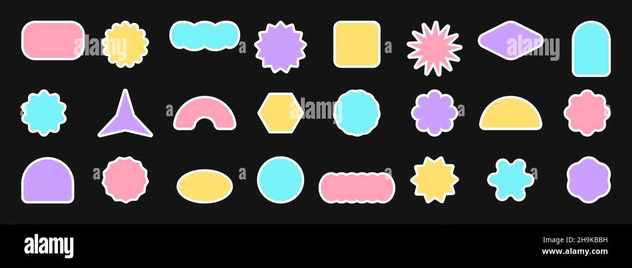 Un set di patch e adesivi con spazio copia in stile retrò pop colori pastello colorati. Elementi grafici di design dello sfondo. Semplice isolato VECT Illustrazione Vettoriale