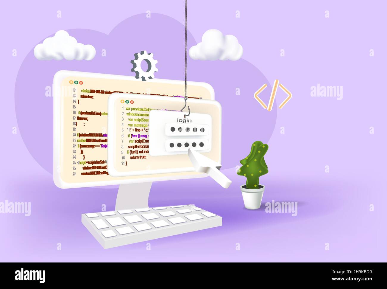 Hacker e cyber criminali phishing che rubano dati personali privati, credenziali, password, e-mail di documenti bancari e carta di credito. Illustrazione Vettoriale