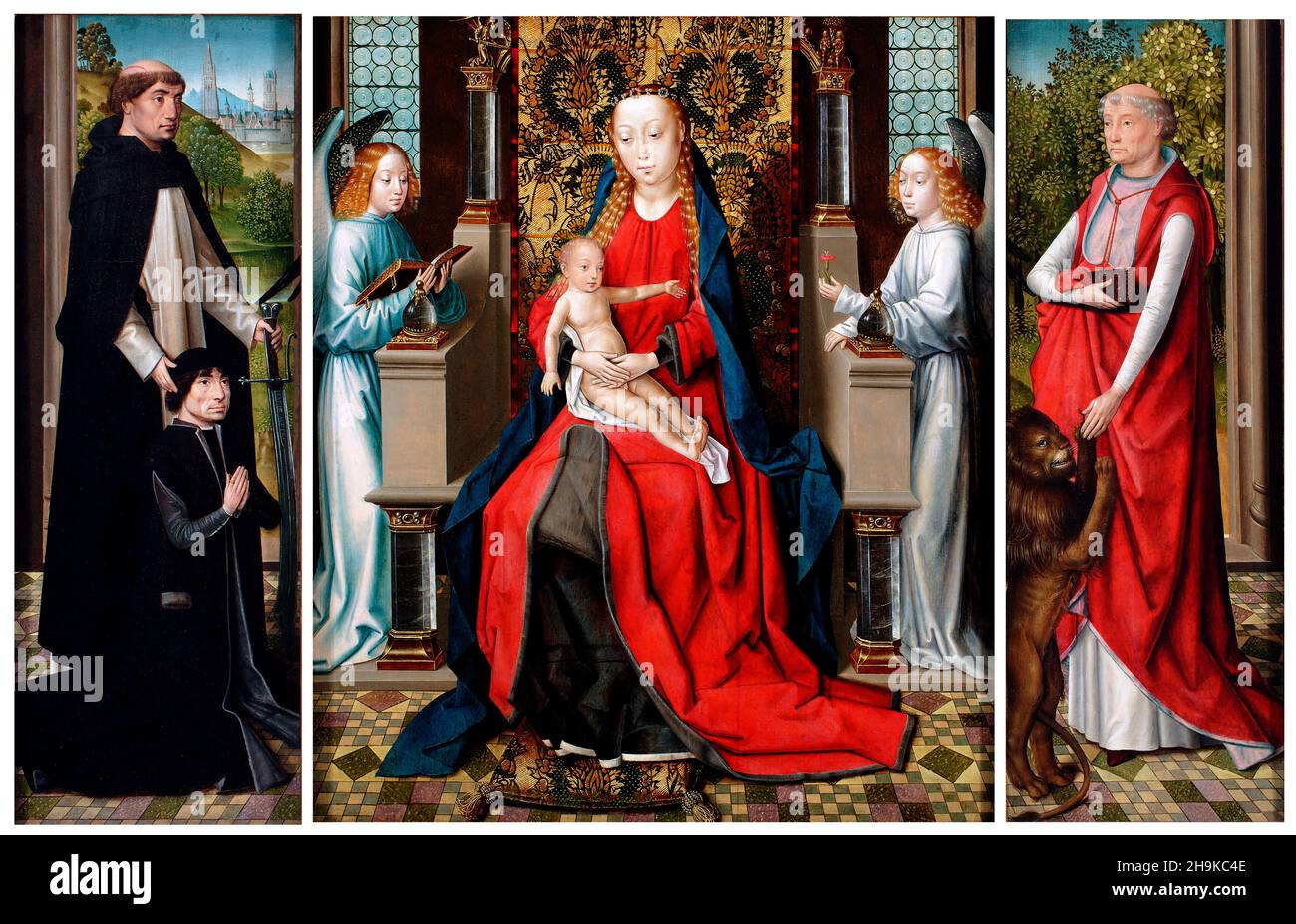 Trittico della Madonna col Bambino con gli Angeli; donatore e suo Patrono San Pietro Martire; e San Gerolamo dal Maestro della leggenda di Santa Lucia (Meester van de Legende van de Heilige Lucia: c.1430/40-c.1506/09), olio su quercia, c.1475-1483 Foto Stock