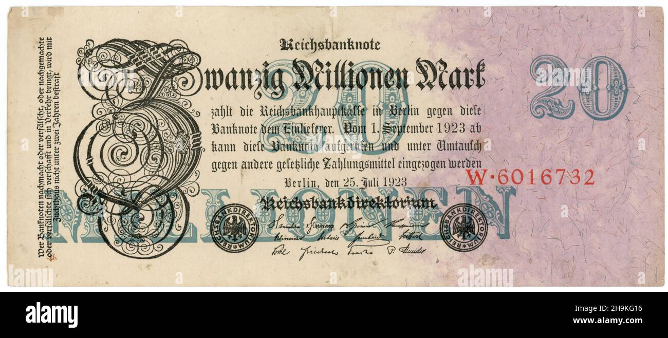 Banconota da 20 milioni di marchi tedesca Weimar. Rilasciato a Berlino durante l'iperinflazione, il 25 luglio 1923. Foto Stock