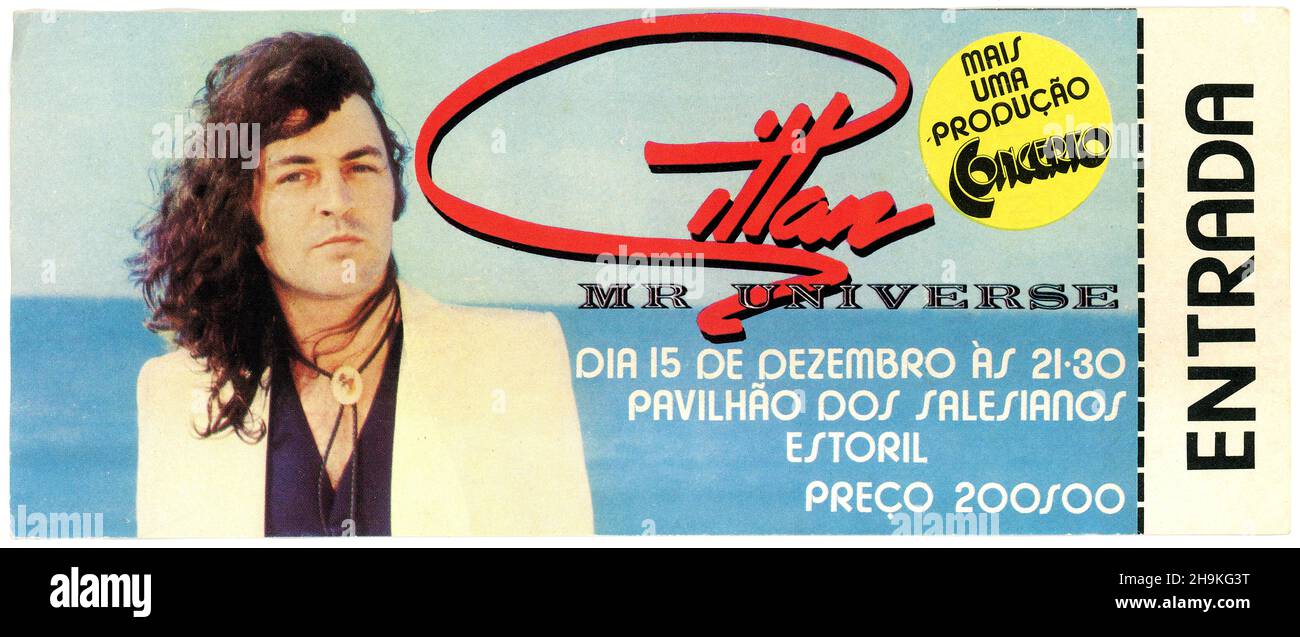 Biglietto per il concerto di Gillan, Pavilhao dos Salesianos, Estoril, Portogallo. Biglietto colorato dal 15 dicembre 1979 durante il MR Universe European Tour della band. Foto Stock
