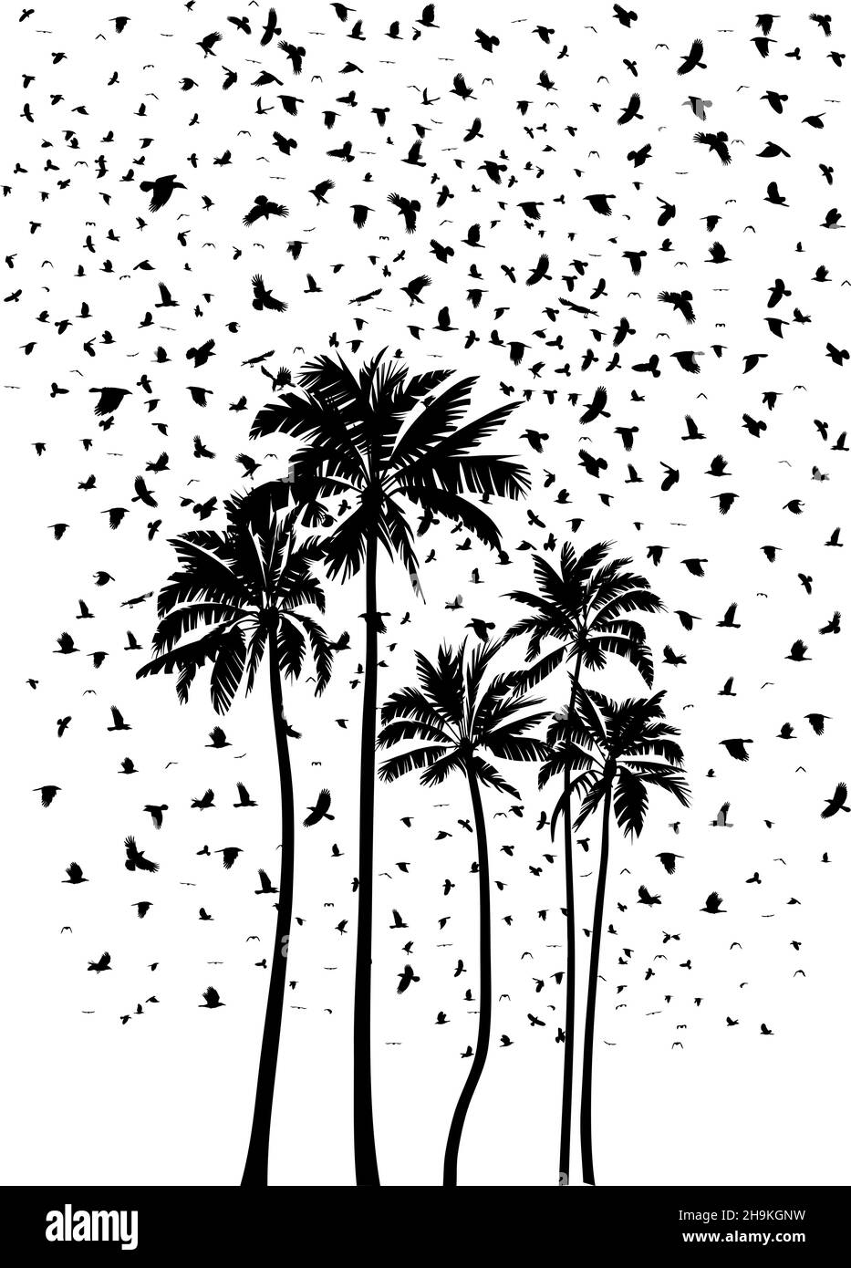 Gregge di uccelli e un gruppo di palme Illustrazione Vettoriale